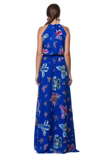 Long blue chiffon dress wit butterfly print WDR-0009